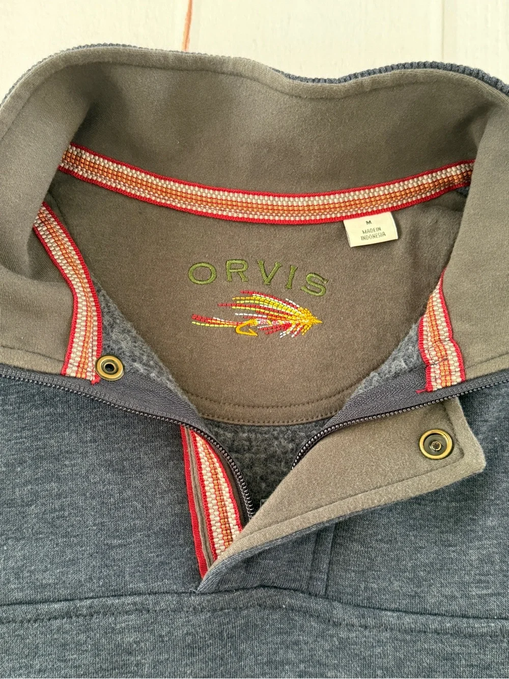 Orvis Men’s Medium Fleece Lined Pullover Sweatshirt Blue Snap Neck Casual